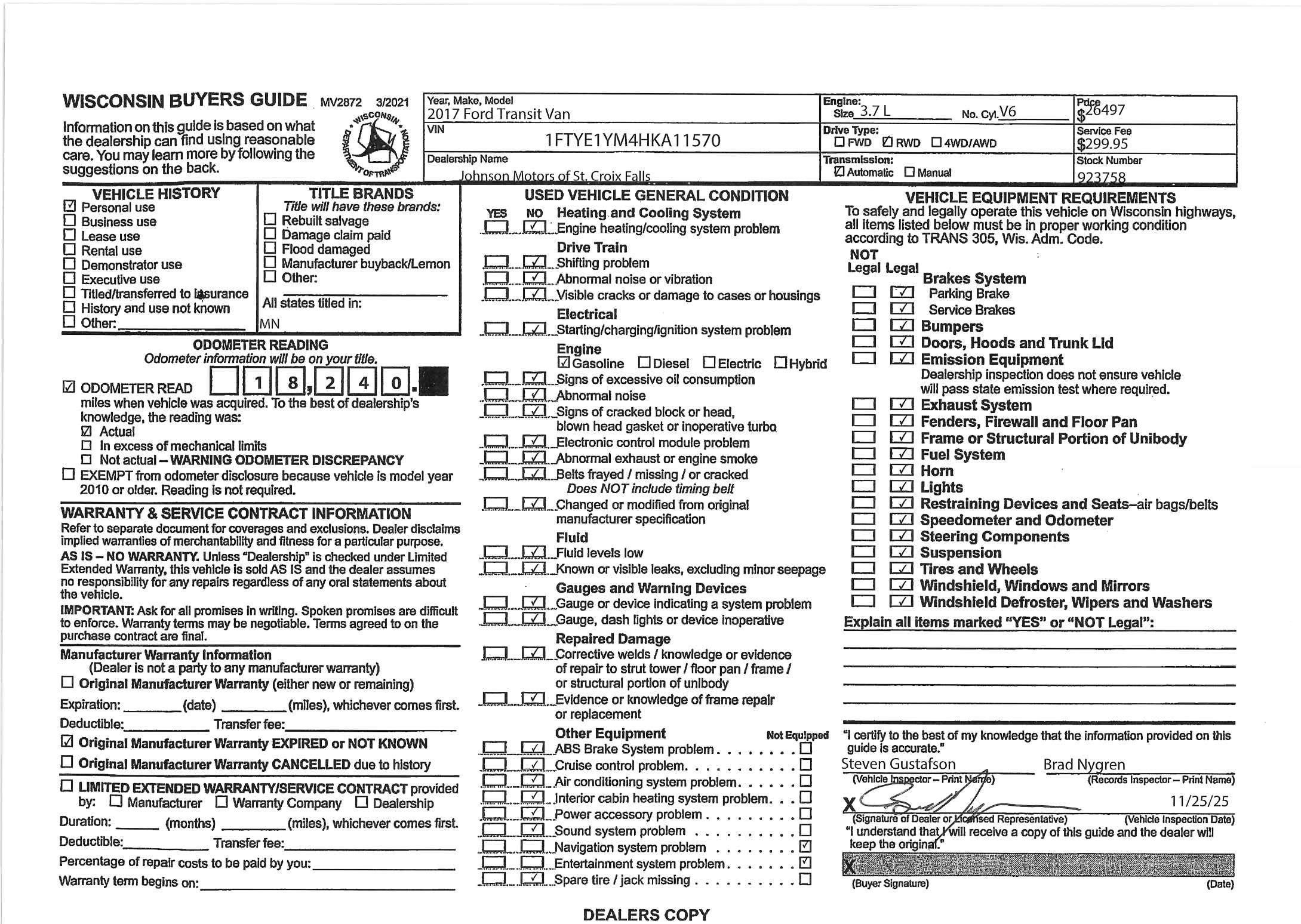 2017 Ford Transit Van T-150 130" Low Rf 8600 GVWR Sliding RH Dr